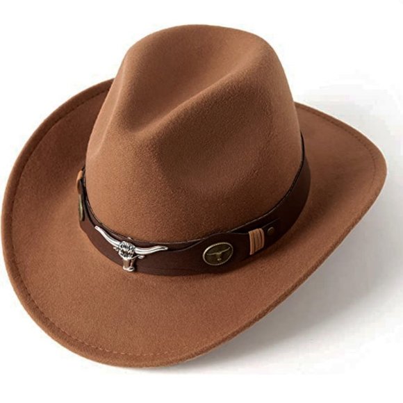 Riah Fashion Accessories - NEW Coffee Brown Bull Accent Faux Leather Band Felt Cowboy Cowgirl Western Hat